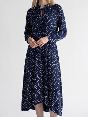 Boden Navy Pink Polka Dot Ruffle Neck Tie Bow Midi Dress Size 14R